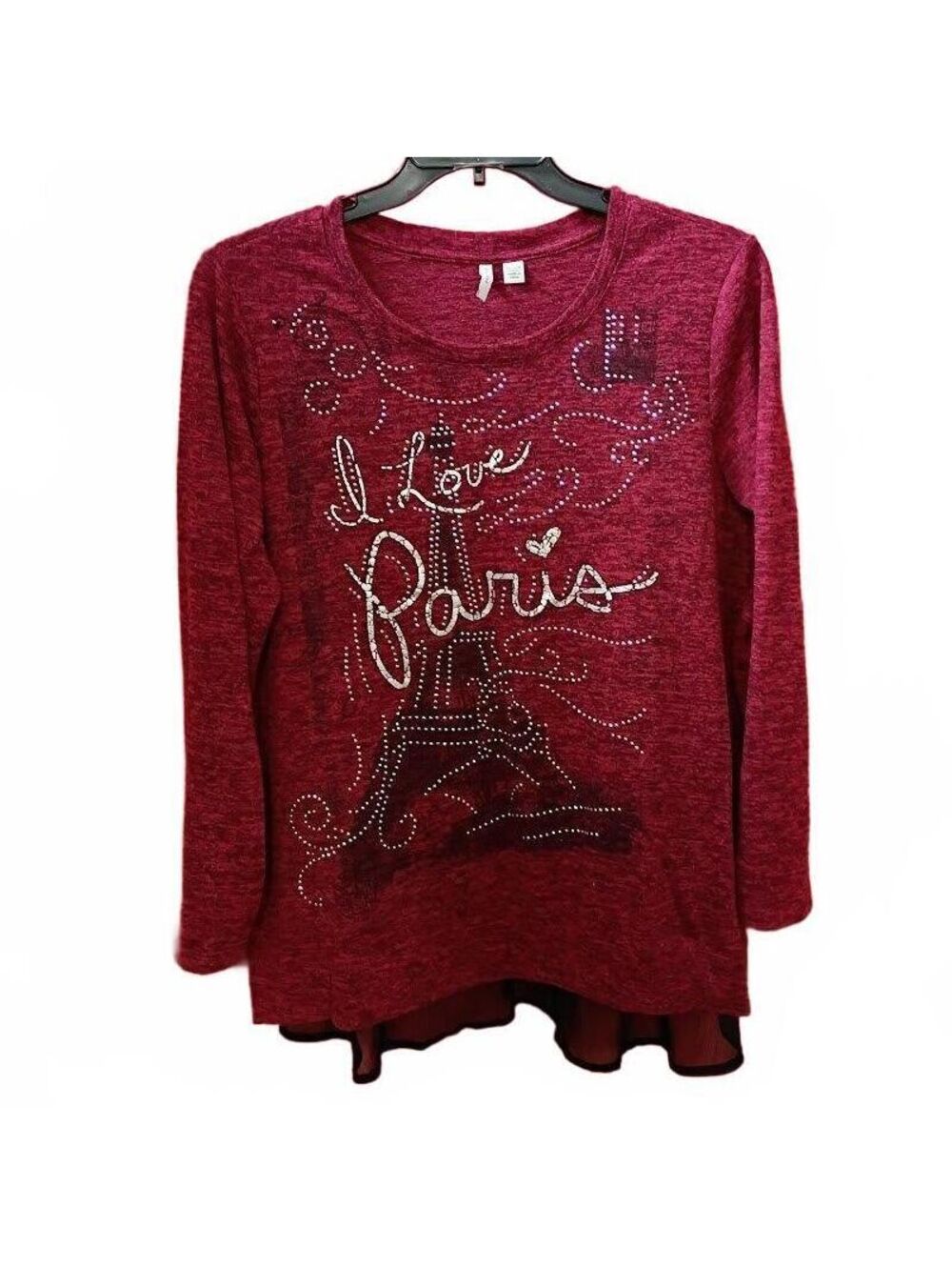 Women's Burgundy Long Sleeve 'I Love Paris' Top with Mesh Hem, Size 14/16W
